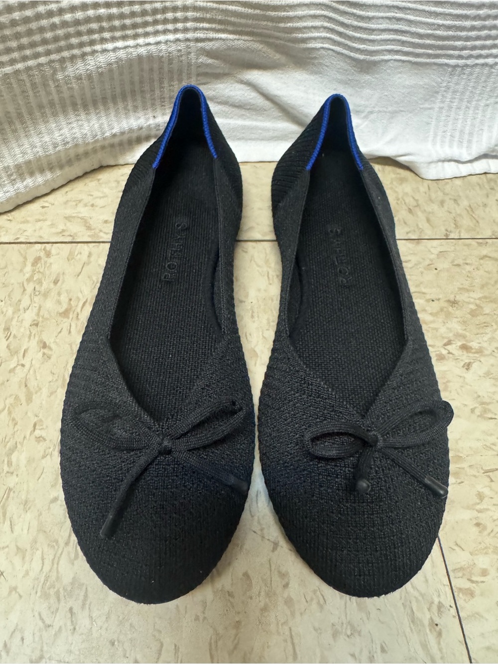 Rothy's Black Knit Ballet Flats with Blue Heel Trim